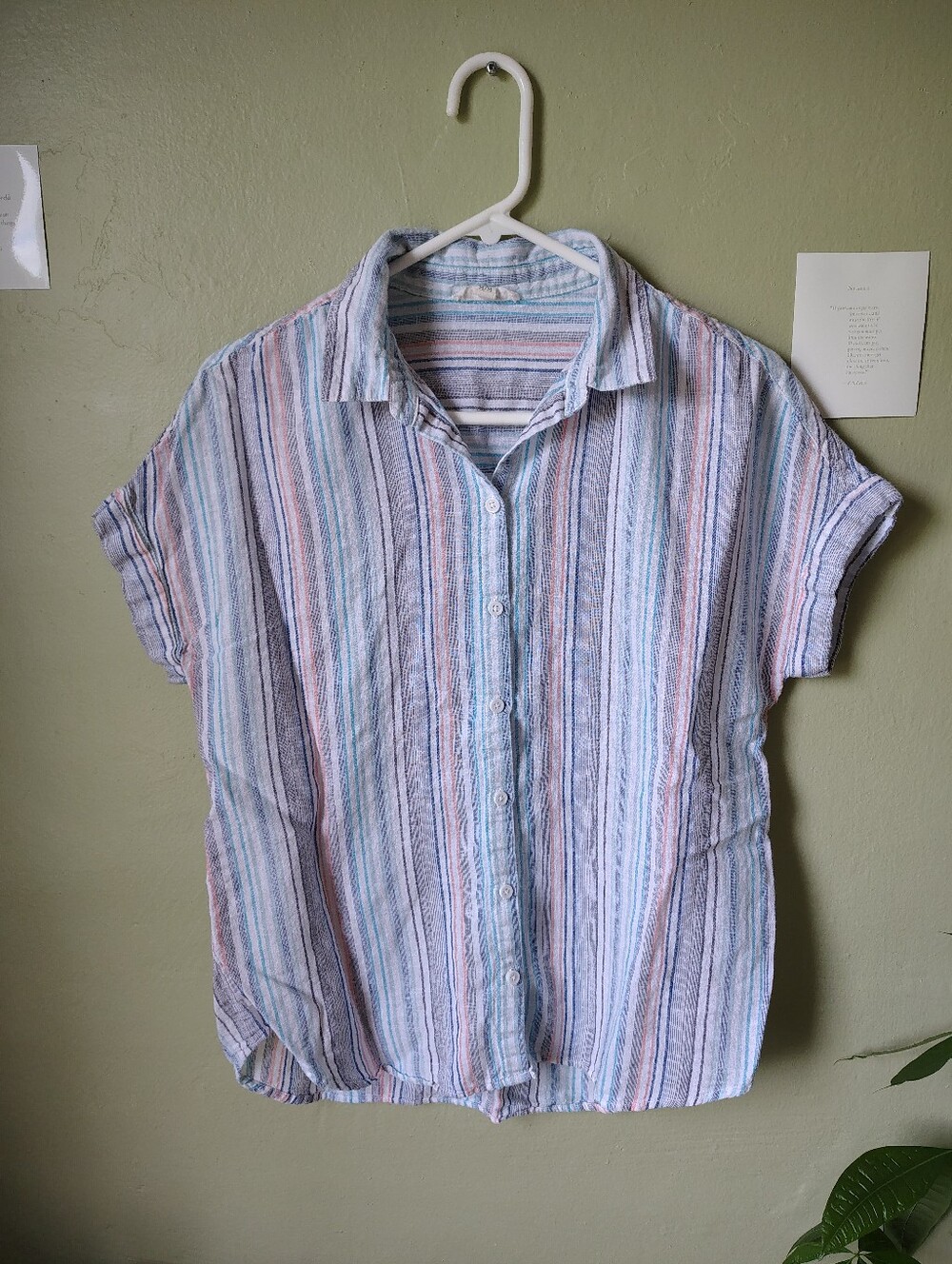 BeachLunchLounge Women's Medium Linen/Cotton Pastel Striped Button-Down Top